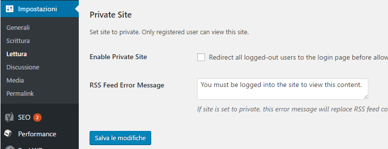 f(x) Private Site configurazione