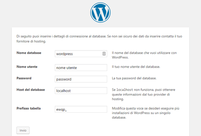 installazione wp settings
